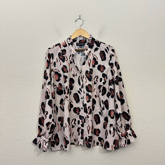 ELOQUII Printed Button Down Shirt with Ruffle Neck in Panther - Picture 1 of 9